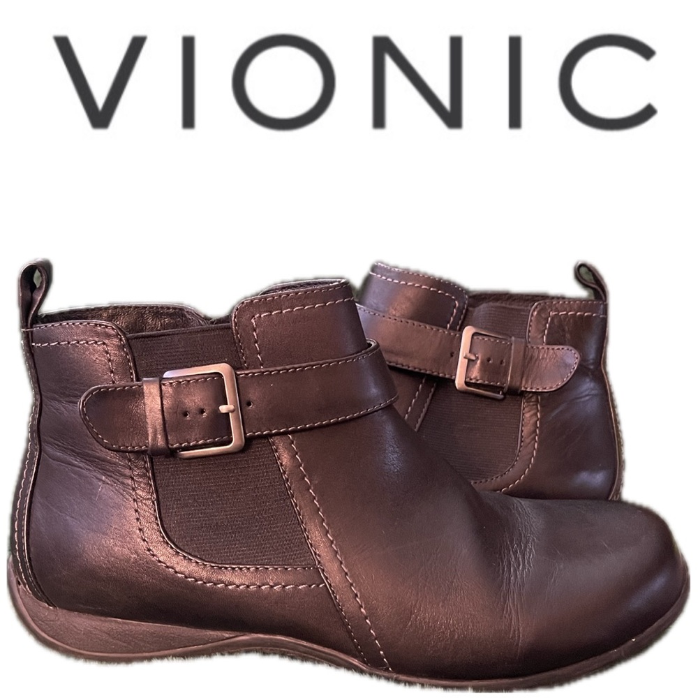 VIONIC Adrie Black Leather Ankle Boots Orthaheel Zipper Buckle EUC Women’s Sz 8